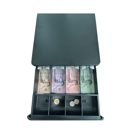 ลิ้นชักเก็บเงิน EASYPRINT รุ่น CD-330 สีดำ 4 ช่องธนบัตรขนาดใหญ่ 4 ช่องเหรียญ RJ11 12/24V_2